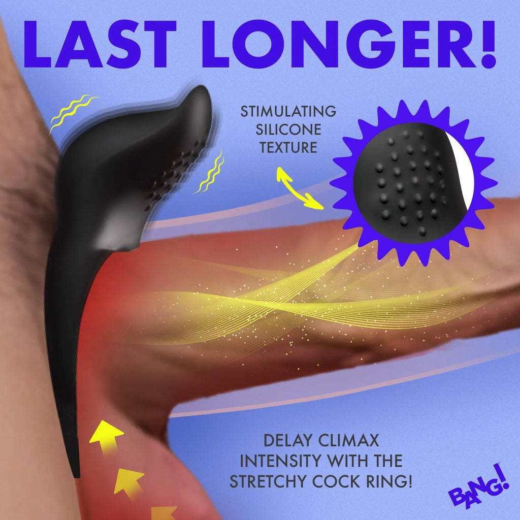 Bang Vibrating Silicone Cock Ring: A black, stretchy, textured silicone ring shown on skin with promotional text.