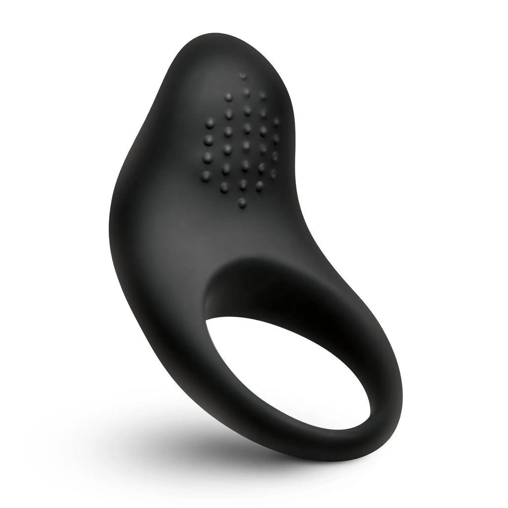 Bang Vibrating Silicone Cock Ring: sleek black, contoured design with a textured stimulator on a flexible loop.