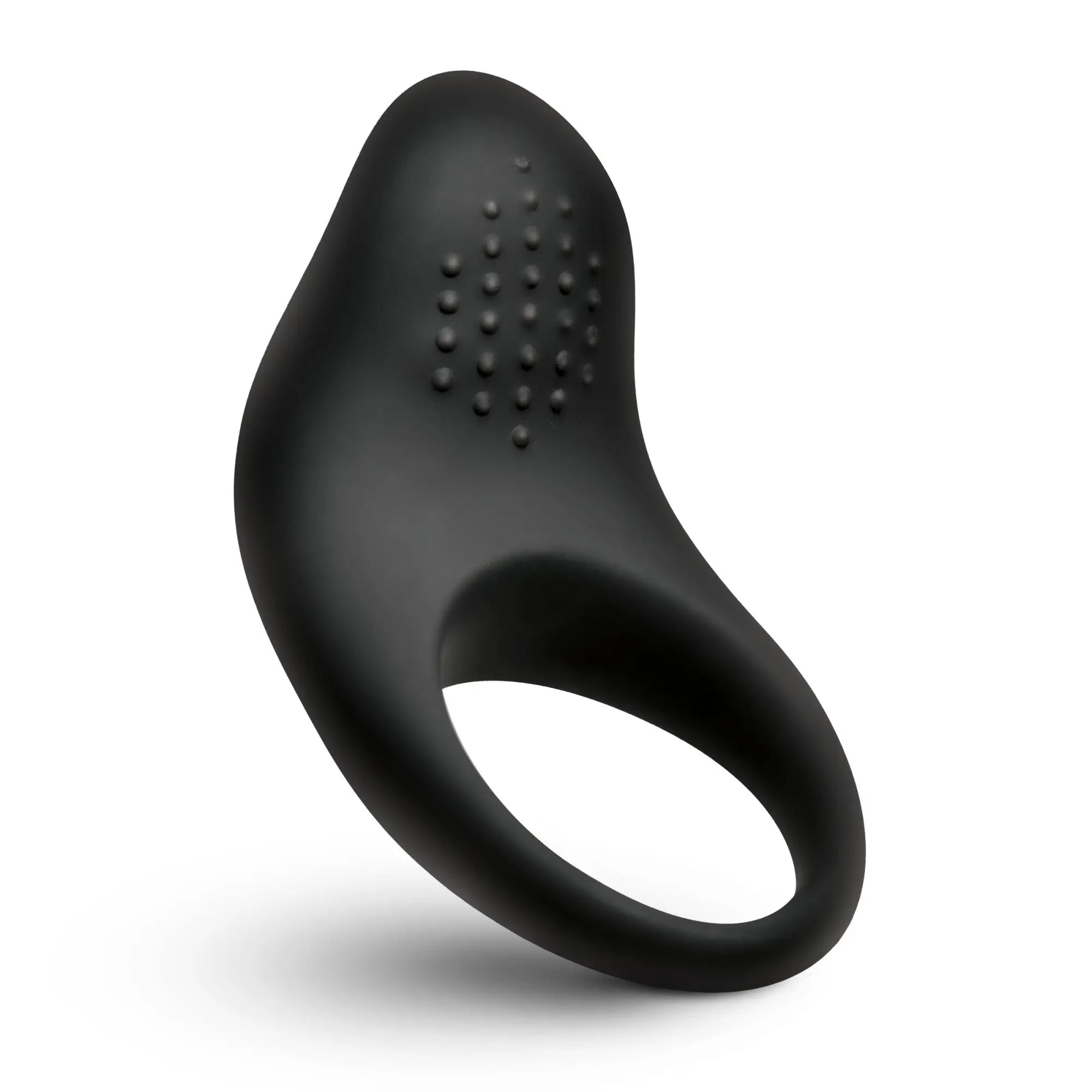 Bang Vibrating Silicone Cock Ring: sleek black, contoured design with a textured stimulator on a flexible loop.