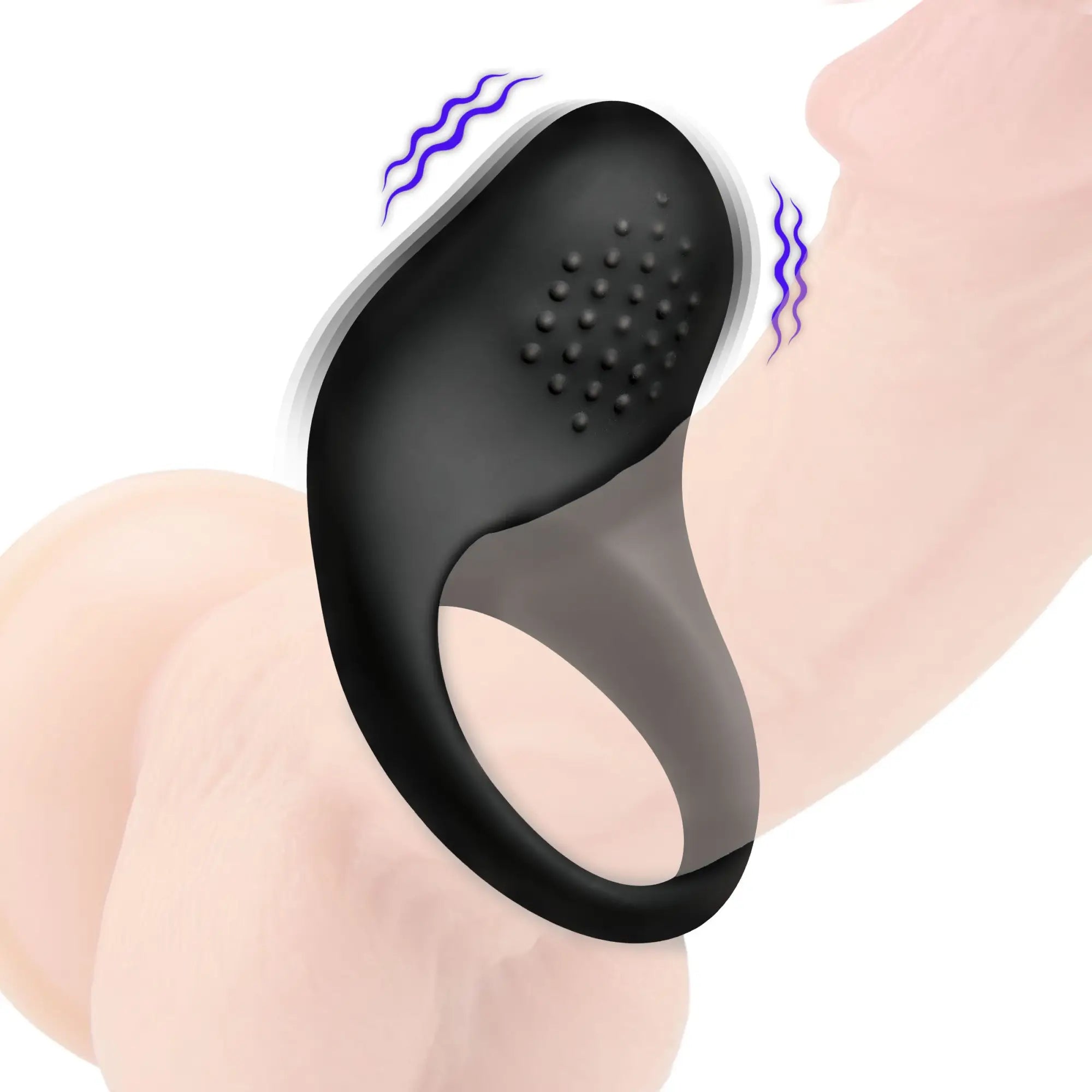 Bang vibrating silicone cock ring in matte black with textured nubs on a phallic model, shown with motion blur.