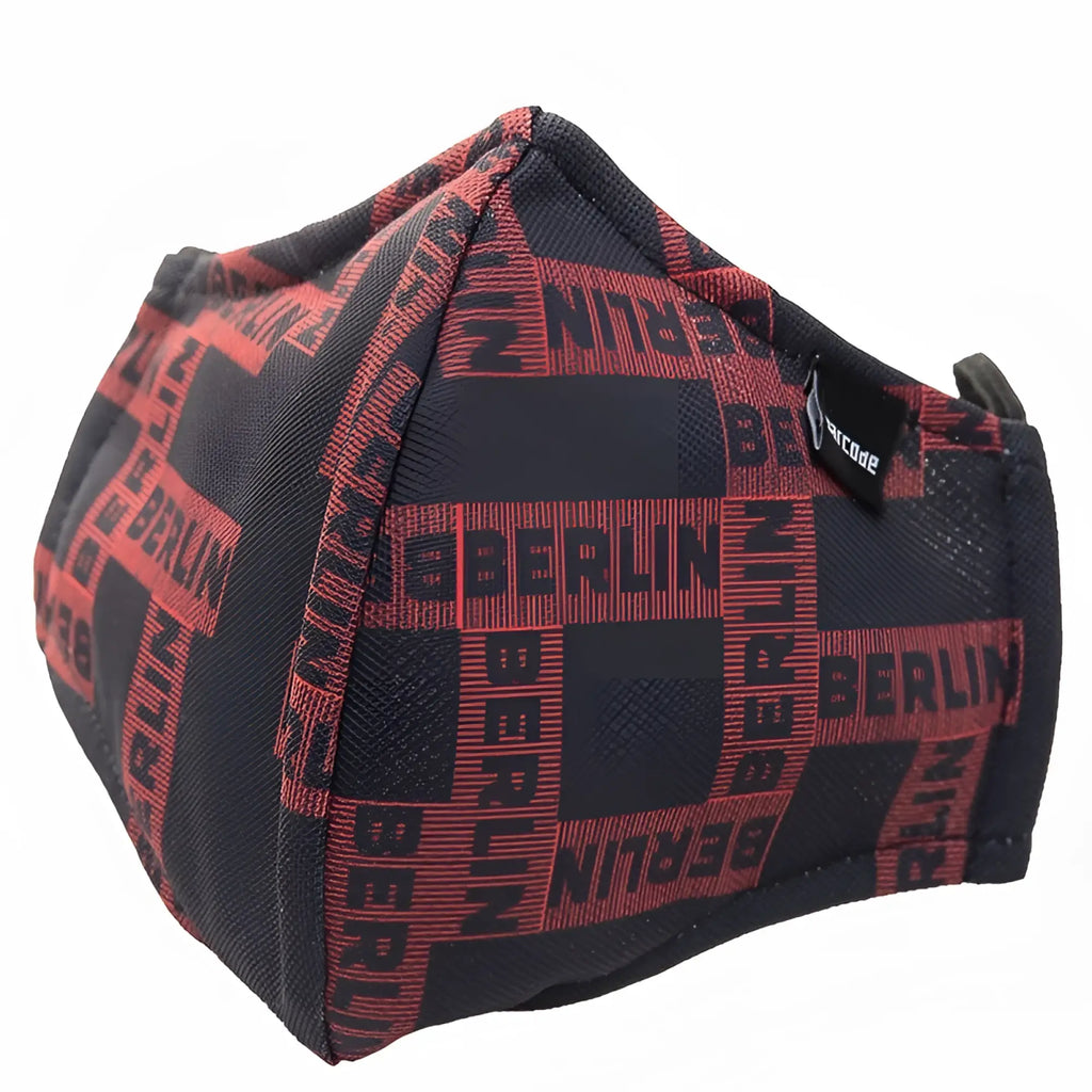Black and red patterned Barcode Berlin chief warrant officer Grayson unisex face mask with berlin text design