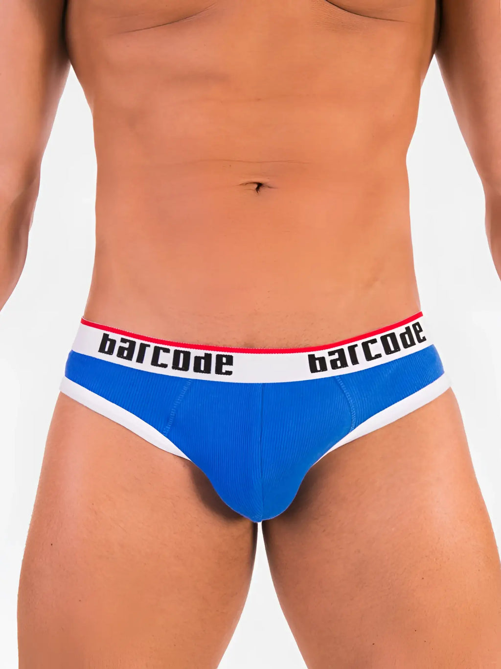 Blue and white barcode berlin dani hole backless jock brief with ribbed texture in size large
