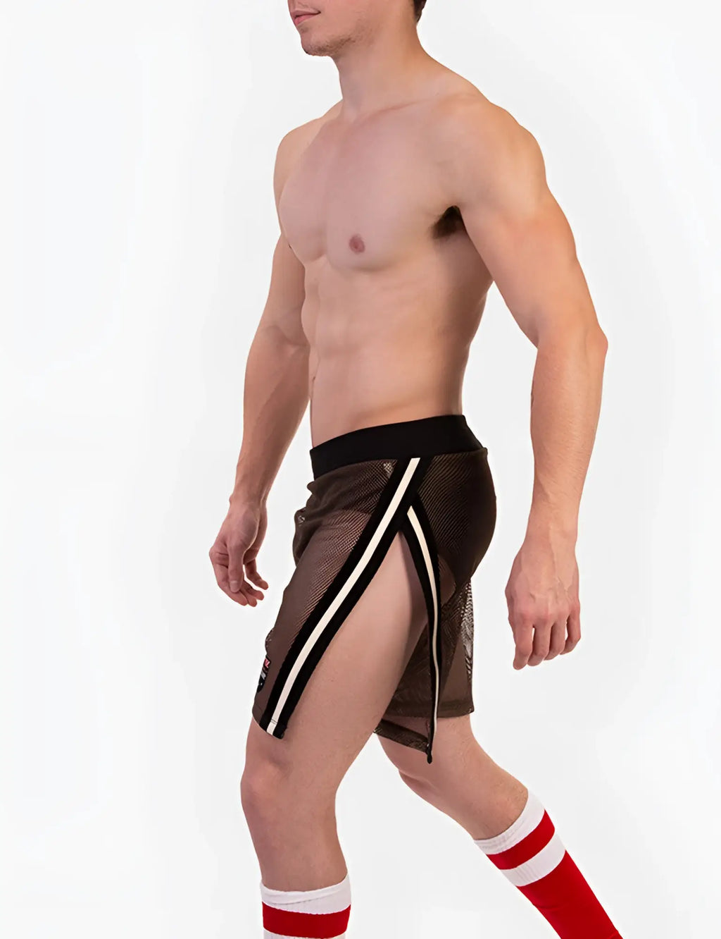 Black mesh athletic shorts with white and black striped side panels barcode berlin eduard split sides green black size l