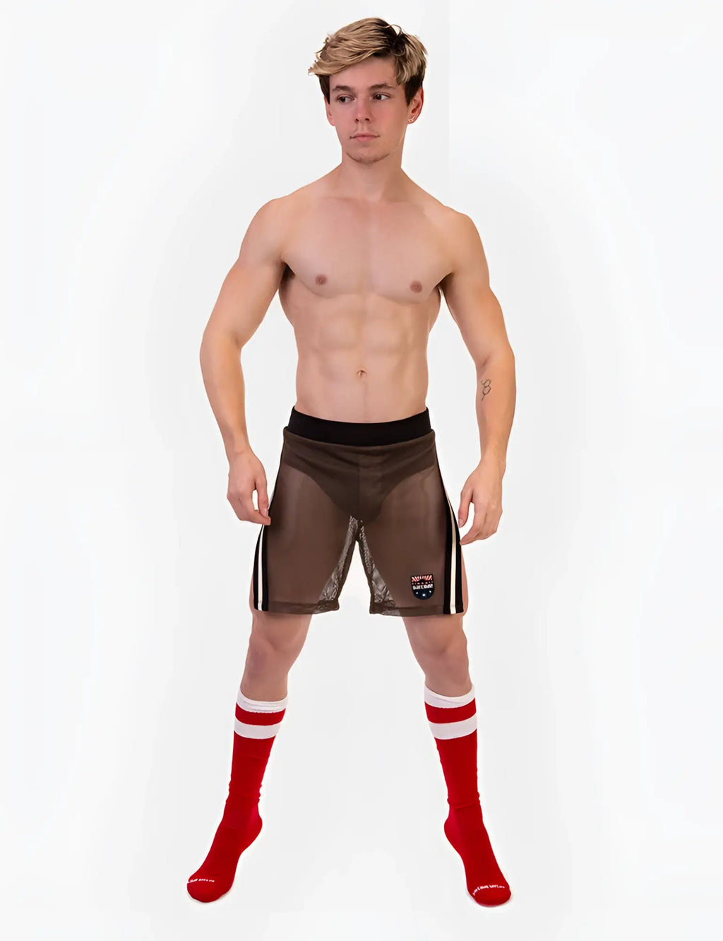 Brown mesh athletic shorts with black waistband and white side stripes from Barcode Berlin Eduard Split Sides series size L