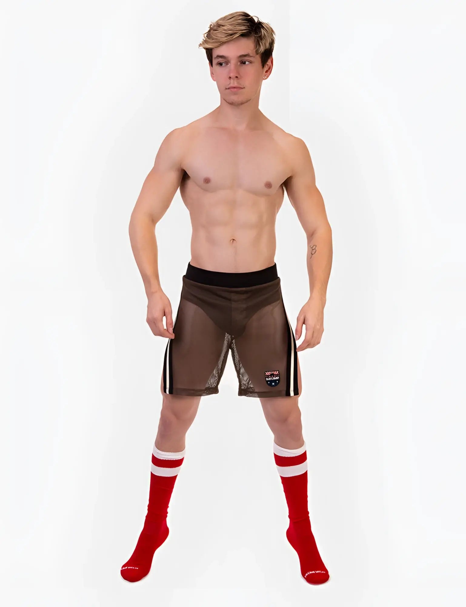 Brown mesh athletic shorts with black waistband and white side stripes from Barcode Berlin Eduard Split Sides series size L