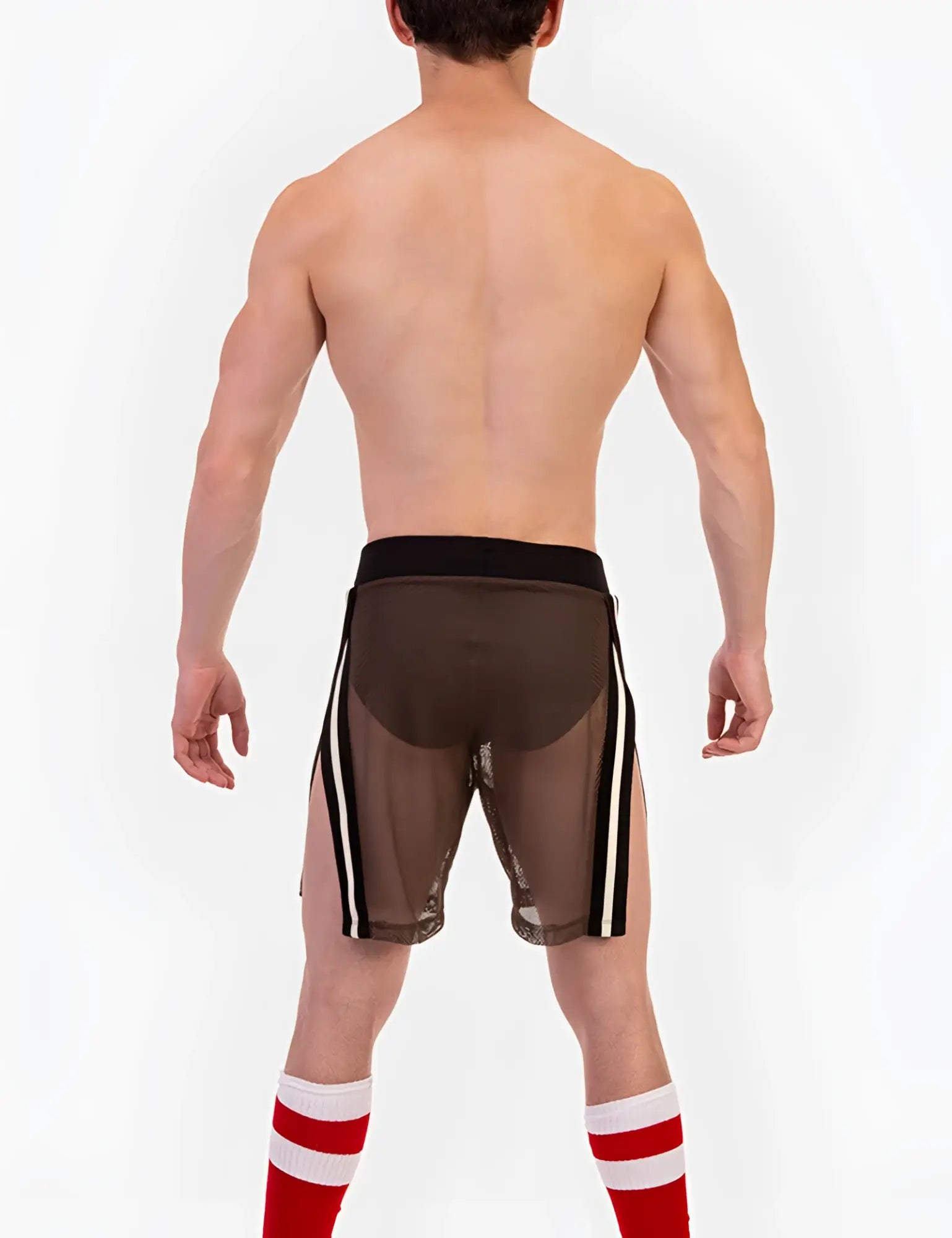 Brown mesh shorts with black waistband and white side stripes from Barcode Berlin Eduard Split Sides collection size L