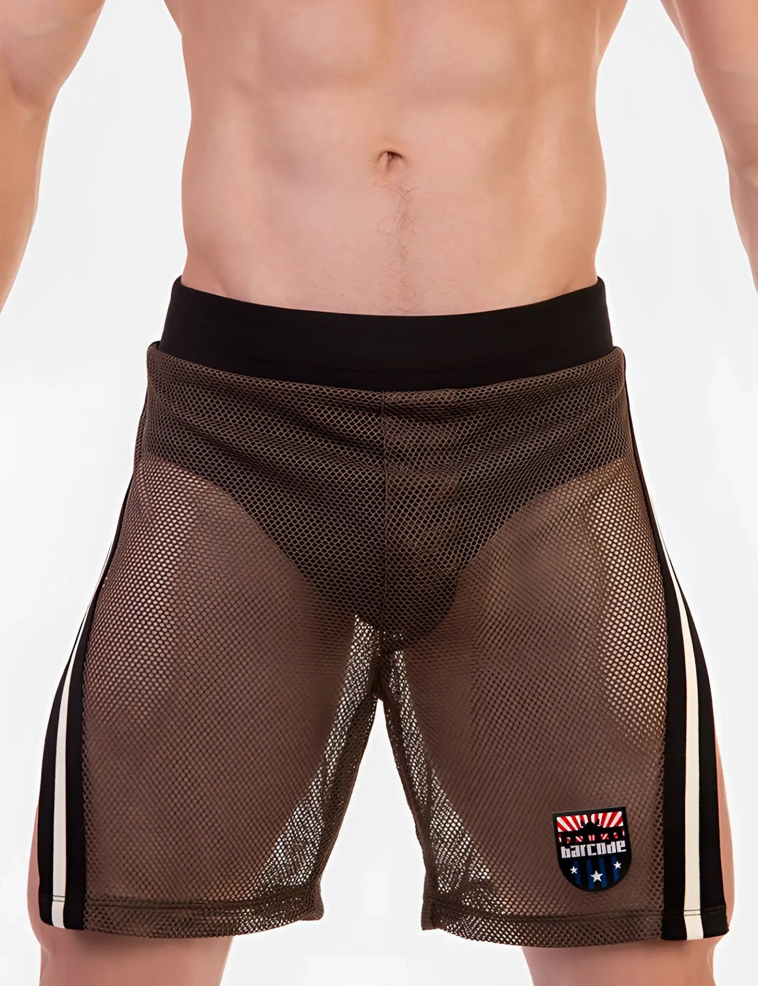 Brown mesh Barcode Berlin Eduard Split Sides athletic shorts with black waistband white side stripes and logo patch size L