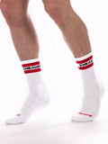 White crew socks with red and black sneaker branding on cuff barcode berlin fetish sneaker half socks size sm