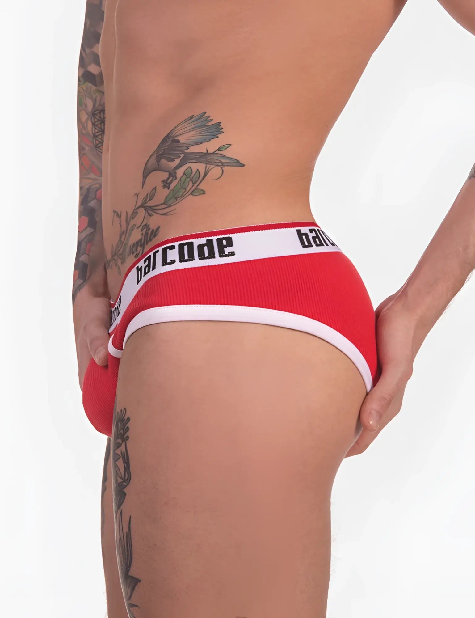 Barcode berlin kai rib brief underwear in red with white trim and black waistband lettering size small