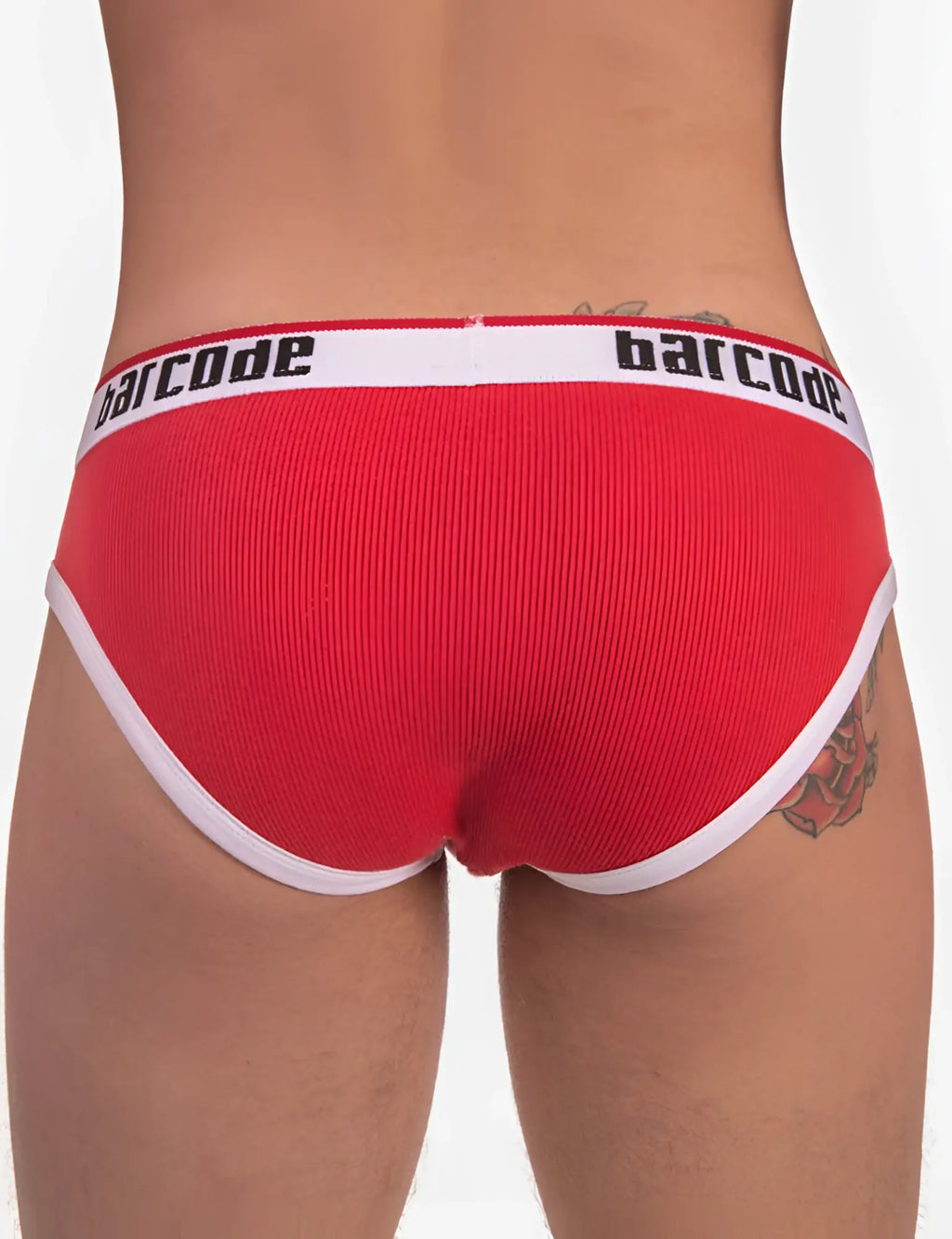 Red ribbed briefs with white trim and barcode logo on waistband by barcode berlin in size s