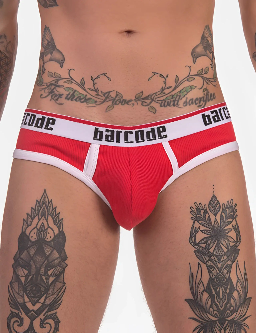 Red and white barcode berlin kai rib brief underwear in size s featuring ribbed texture and barcode pattern