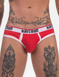 Red and white barcode berlin kai rib brief underwear in size s featuring ribbed texture and barcode pattern