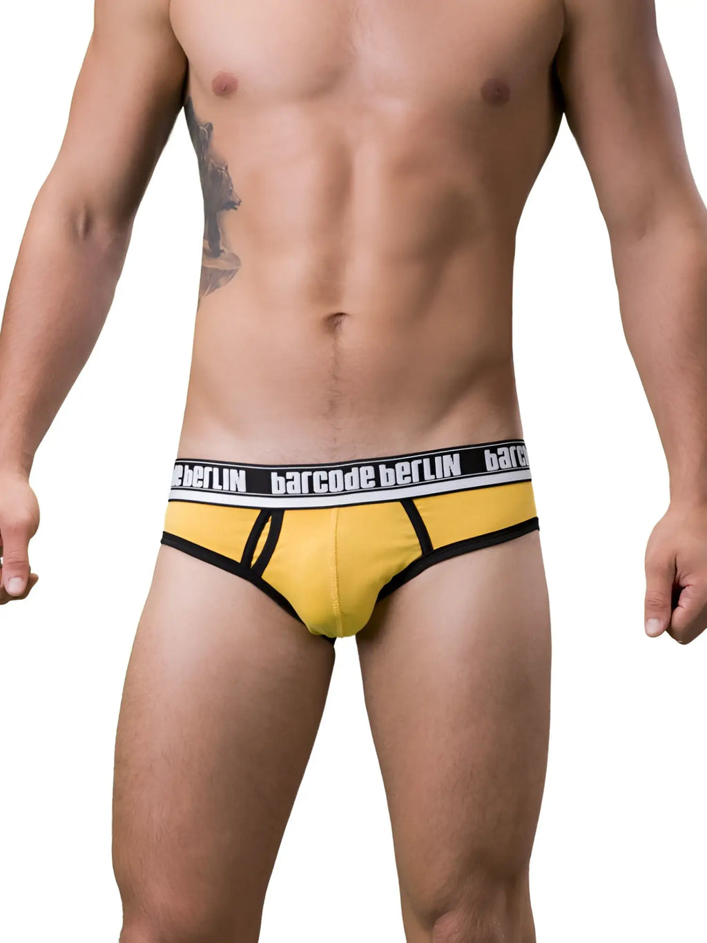 Yellow barcode berlin kreuzberg briefs with black trim and white logo band size s in front view