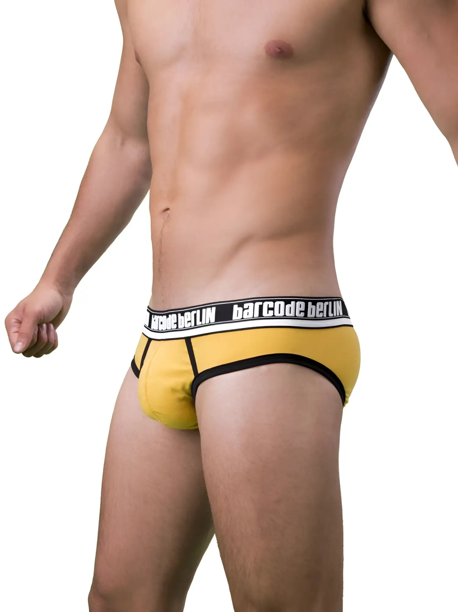 Yellow barcode berlin brief underwear with black trim and white waistband featuring bold brand name size s