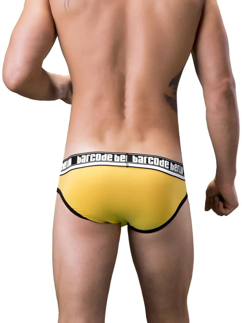 Yellow barcode bet briefs underwear with black trim and white logo waistband by barcode berlin in size s