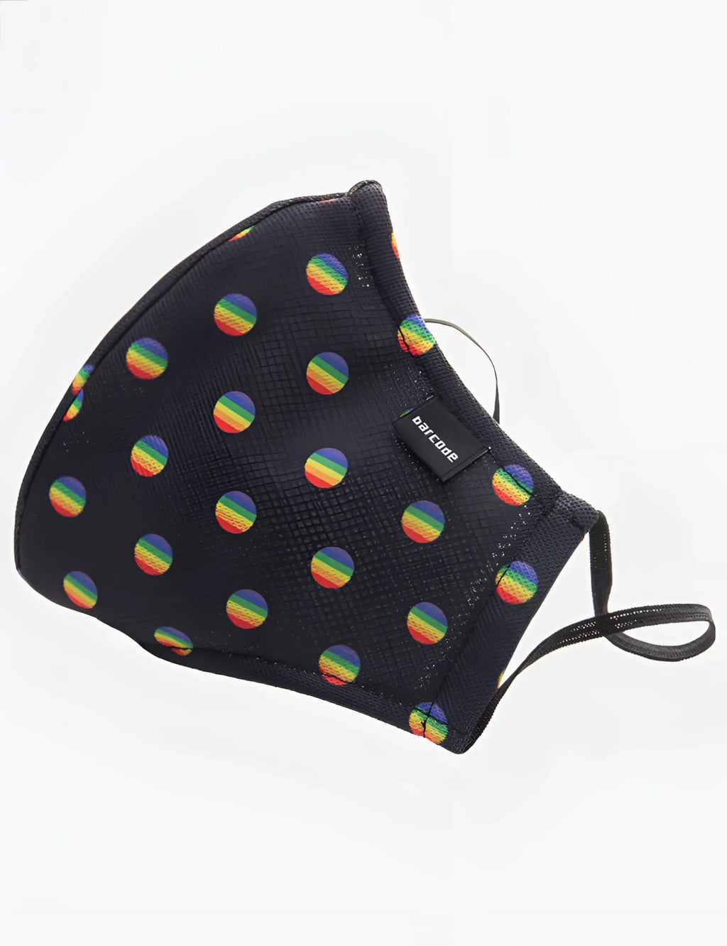 Black face mask with rainbow-colored polka dots and small black tag barcode berlin unisex one size