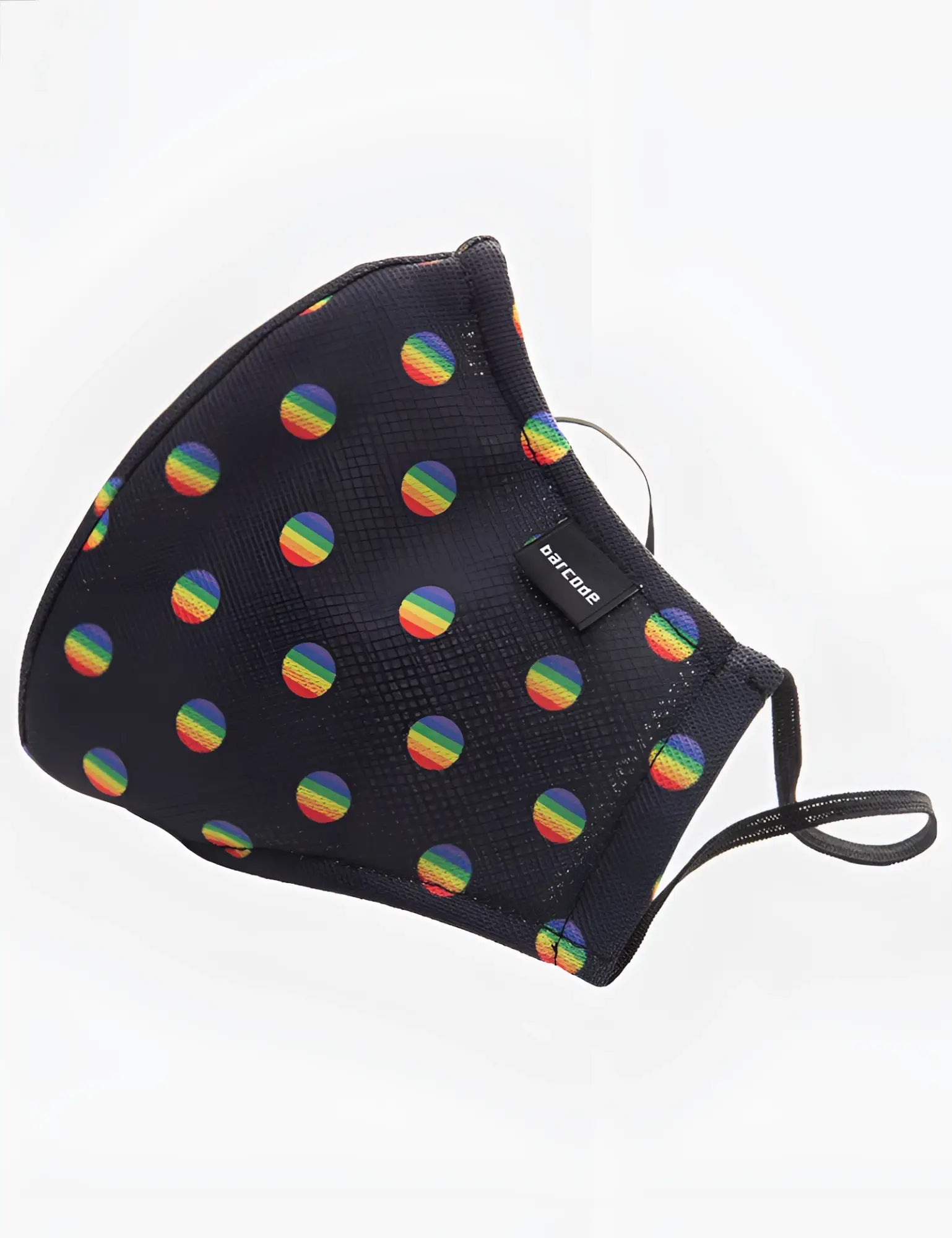 Black face mask with rainbow-colored polka dots and small black tag barcode berlin unisex one size