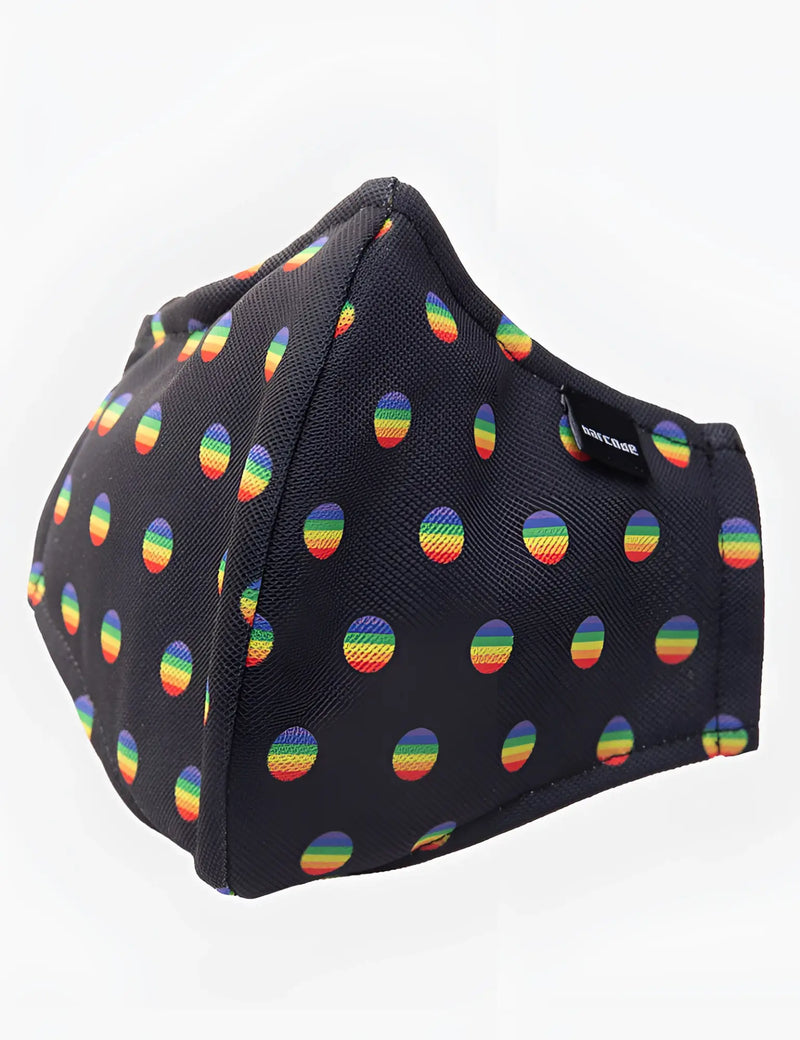 Black fabric face mask with colorful rainbow polka dots barcode berlin major general michelinho unisex mask size one size