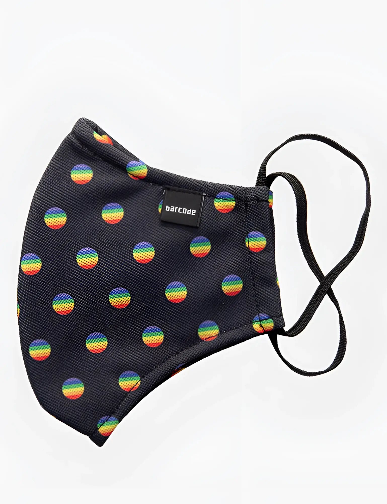 Barcode Berlin Major General Michelinho unisex black fabric face mask with rainbow circular patterns and elastic ear loops