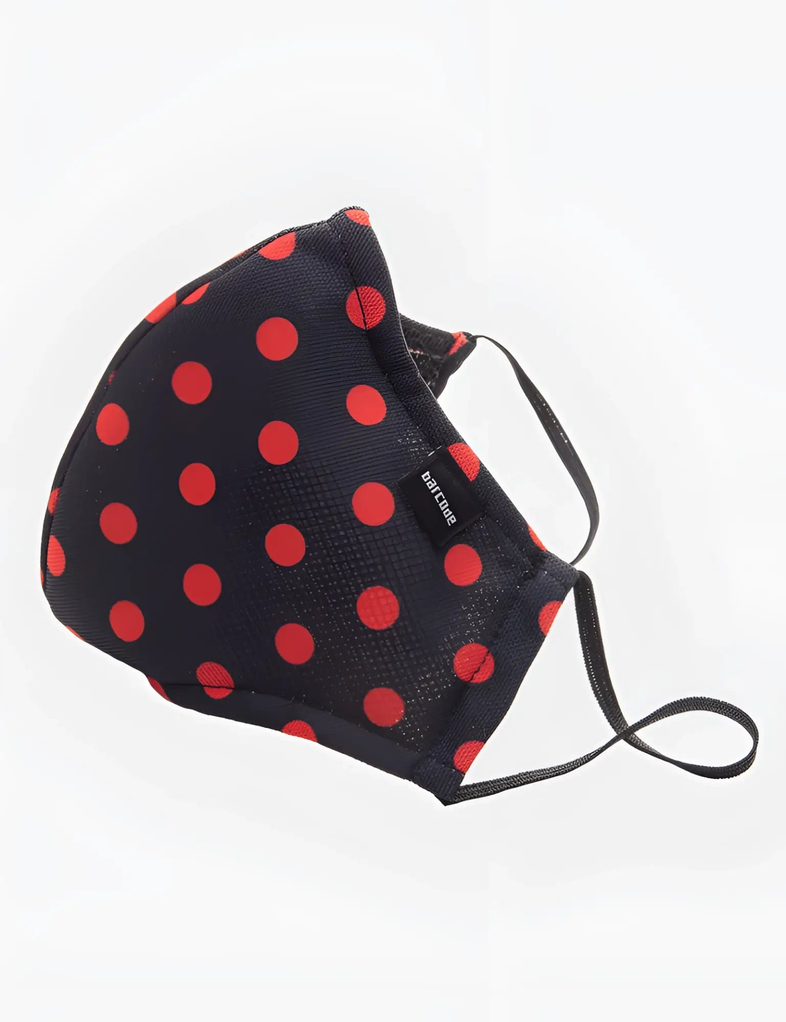 Black fabric face mask with bold red polka dots and black elastic ear loops barcode berlin unisex size one size