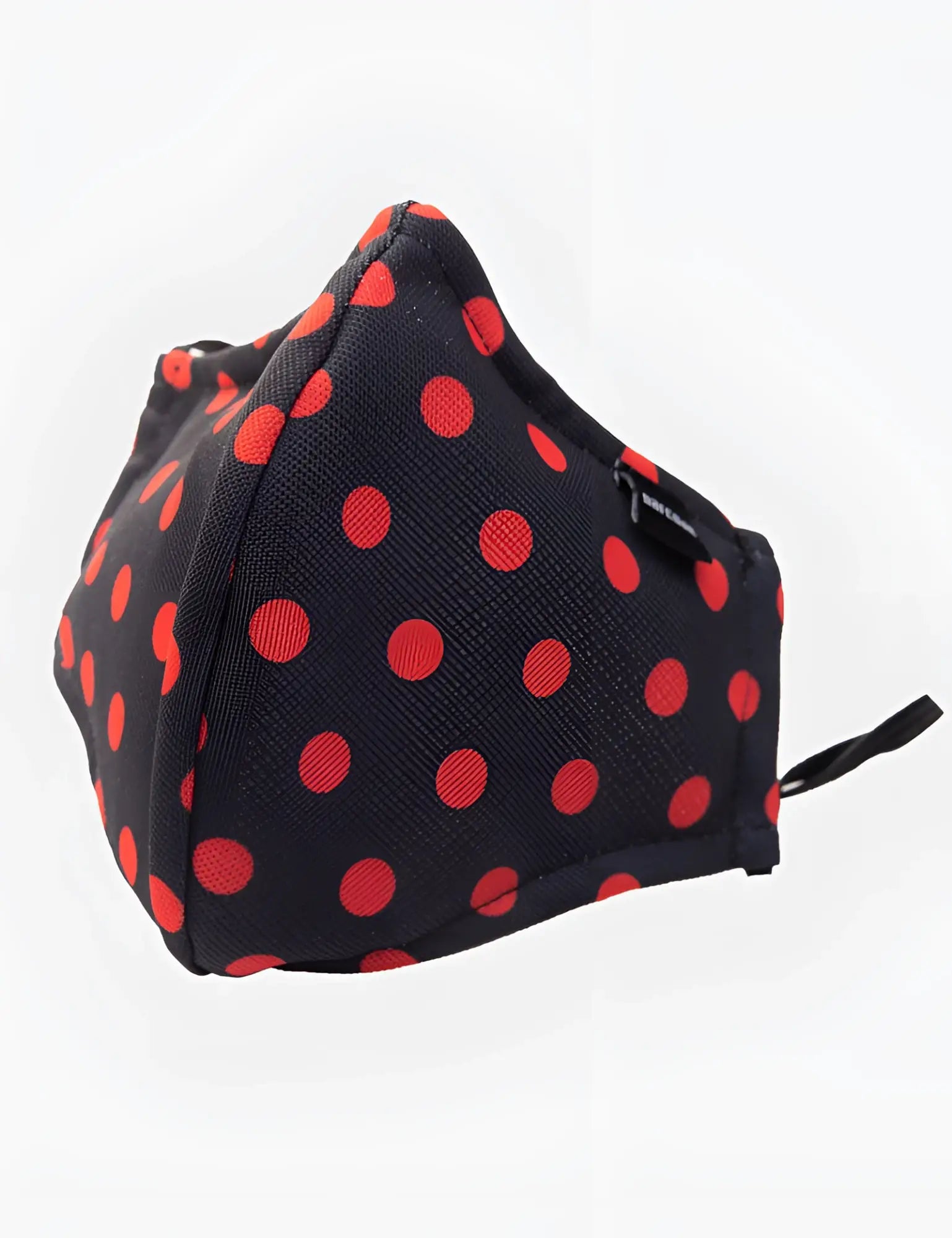 Black fabric face mask with bold red polka dots and a small black zipper barcode berlin unisex size one size