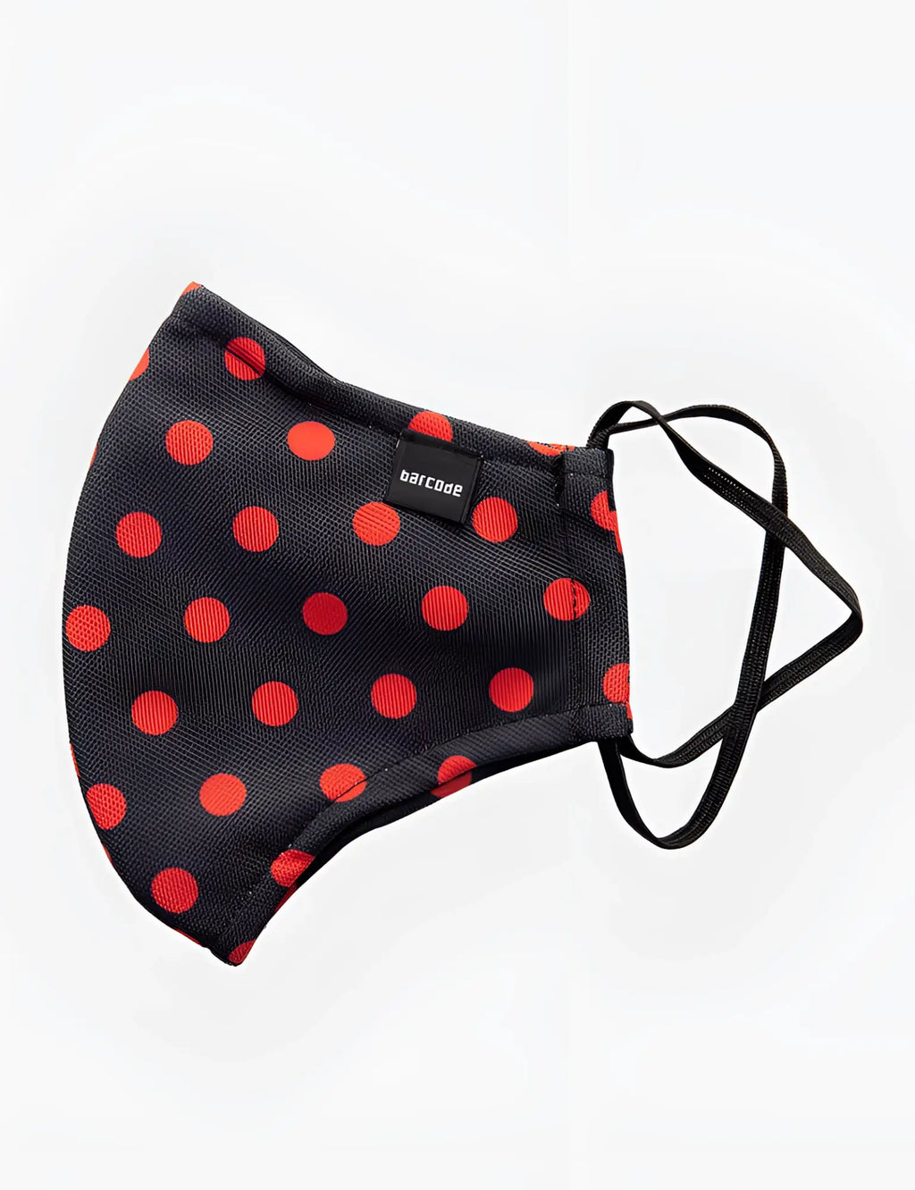 Black fabric face mask with bold red polka dots and black elastic ear loops barcode berlin major general michelinho unisex