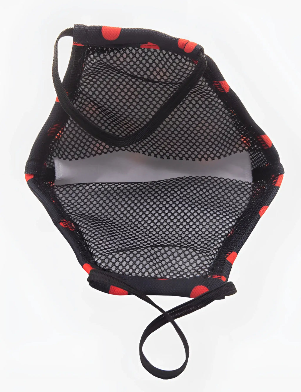 Black mesh face mask with red polka dot edges and adjustable elastic ear loops barcode berlin unisex one size