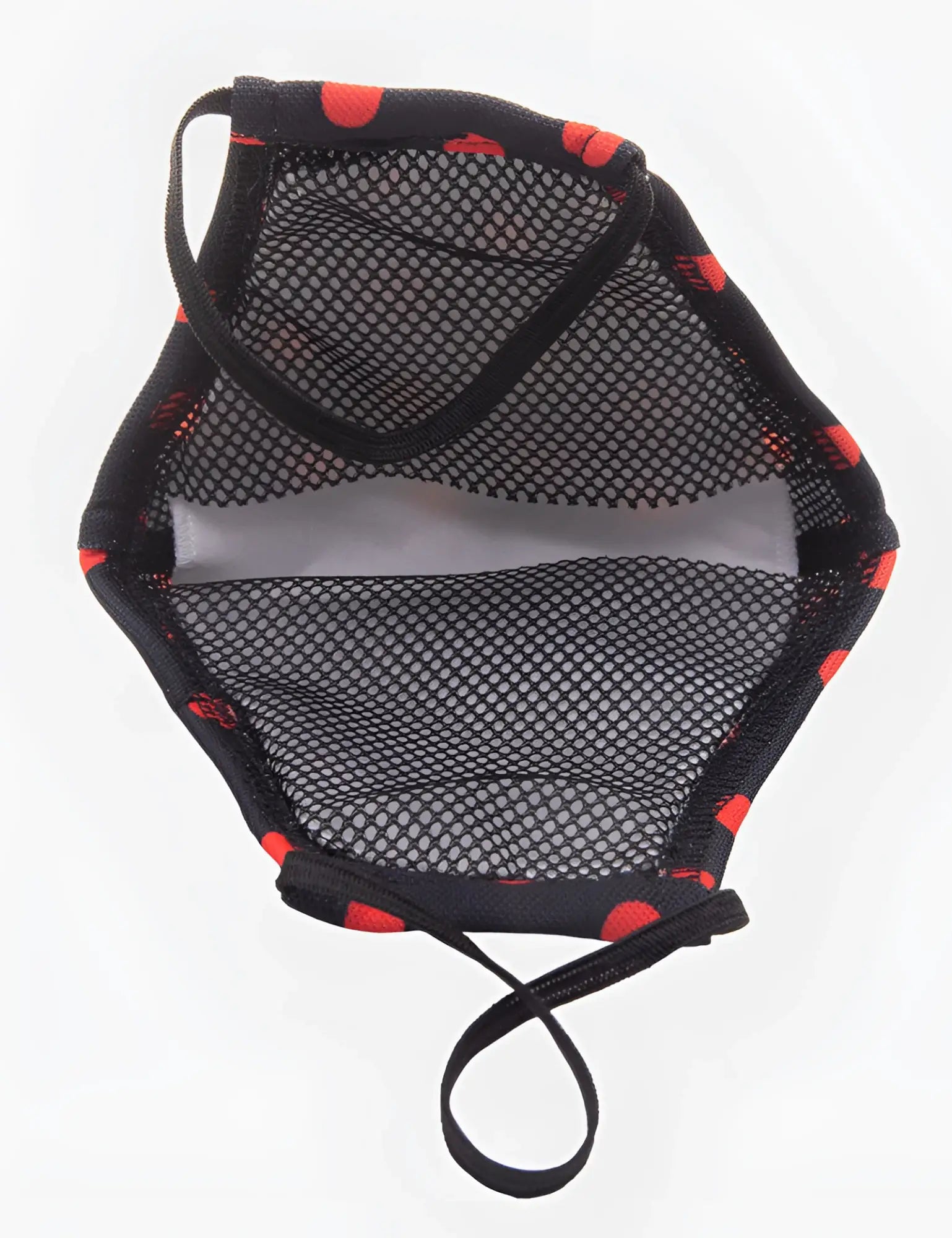 Black mesh face mask with red polka dot edges and adjustable elastic ear loops barcode berlin unisex one size