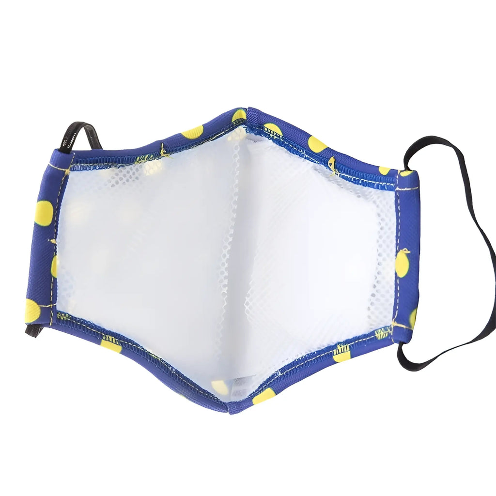 Blue face mask with yellow polka dots and black elastic ear loops from barcode berlin major general michelinho unisex collection