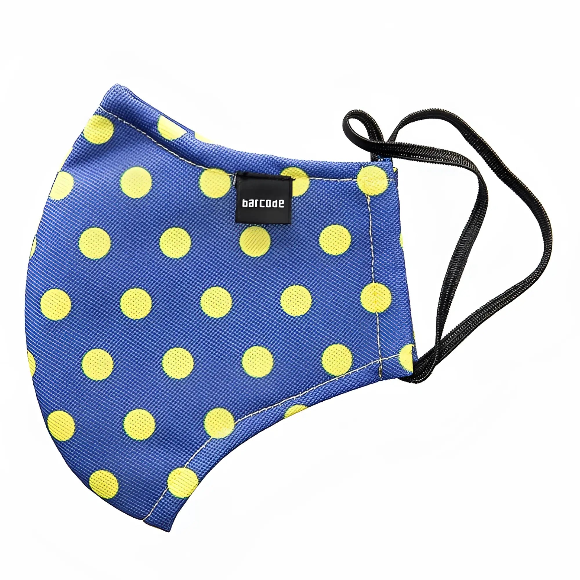 Blue fabric face mask with bright yellow polka dots and black elastic ear loops by barcode berlin unisex one size