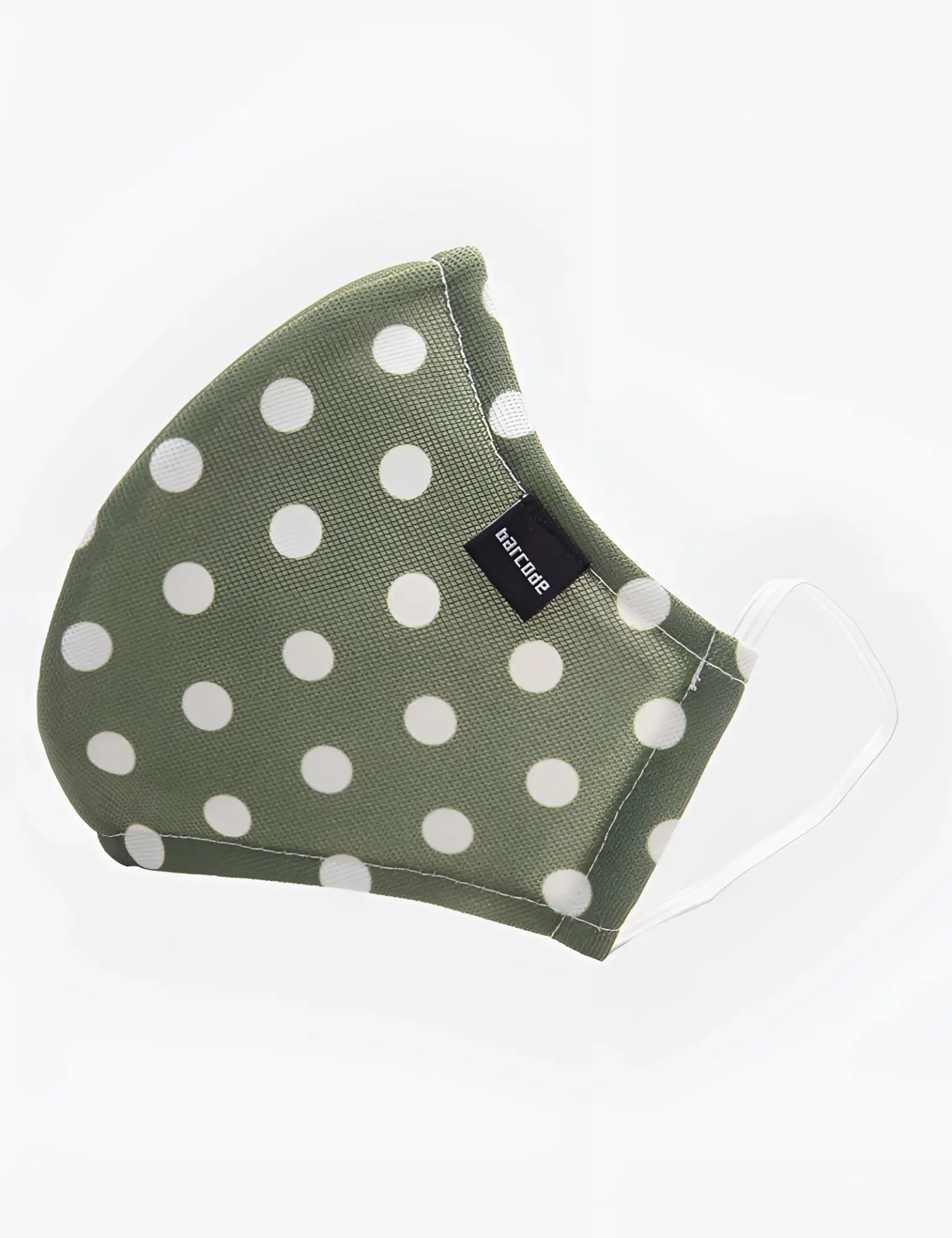 Olive green barcode berlin major general michelinho unisex fabric mask with white polka dots and clear elastic loops