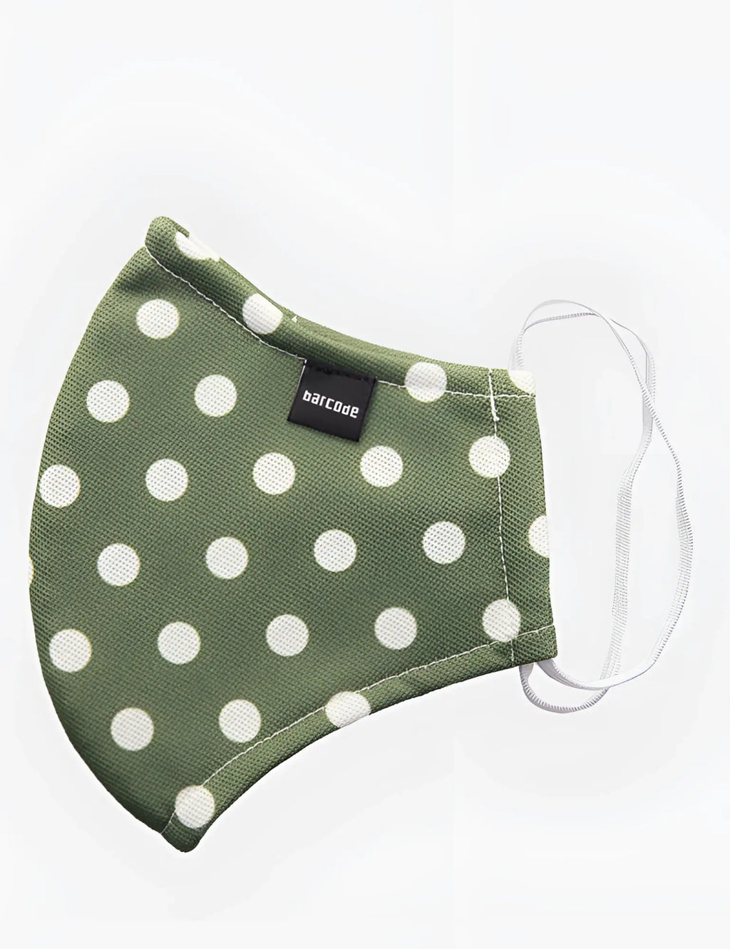 Olive green fabric face mask with white polka dots and black barcode brand tag unisex barcode berlin major general michelinho