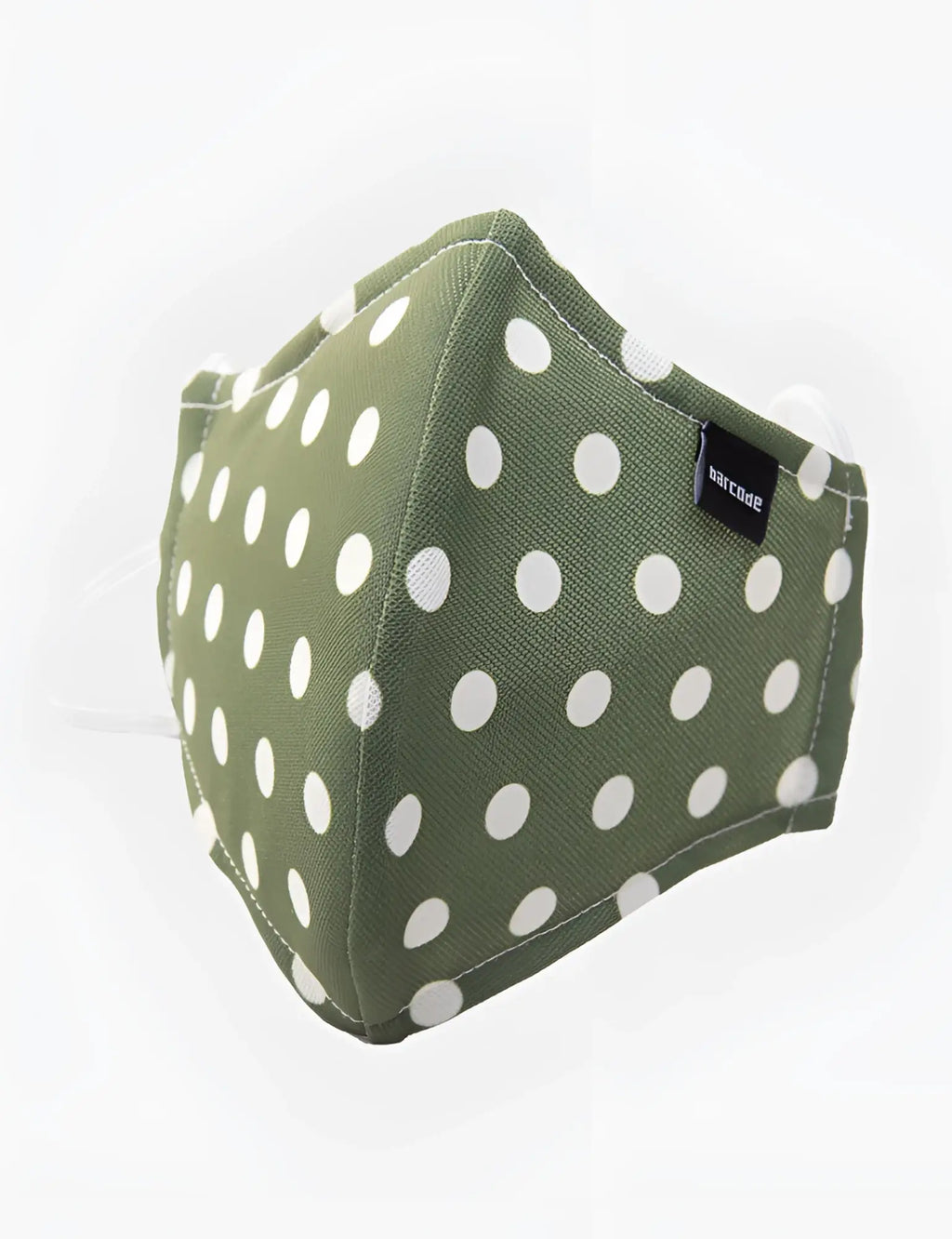 Olive green fabric face mask with white polka dots and black salcode brand tag from barcode berlin unisex collection