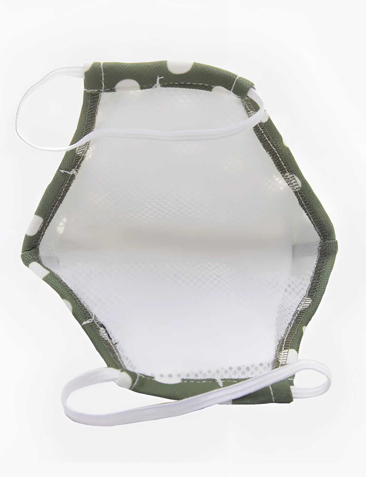 Olive green polka-dot mesh face mask with white elastic ear loops barcode berlin major general michelinho unisex mask
