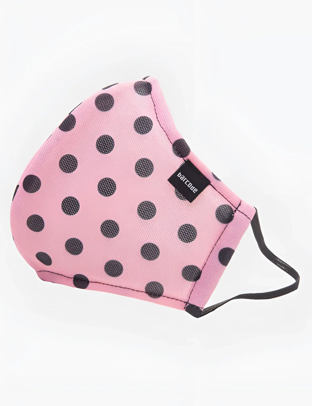 Pink polka-dot face mask with black dots and barcode berlin brand tag unisex major general michelinho model