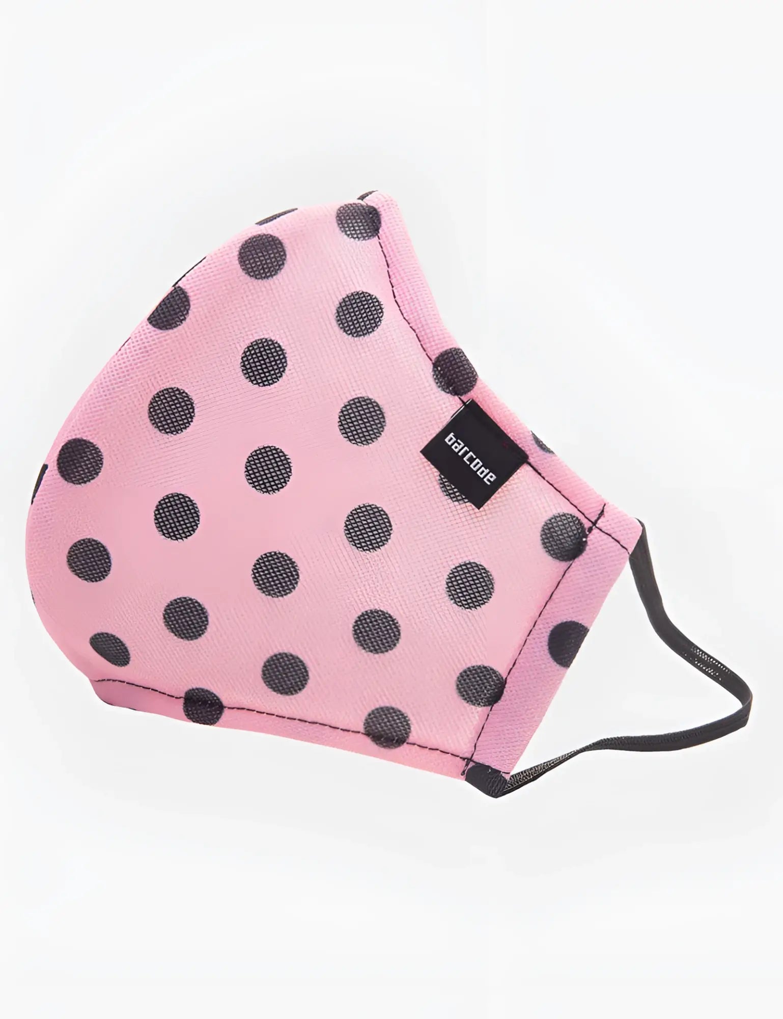 Pink polka-dot face mask with black dots and barcode berlin brand tag unisex major general michelinho model