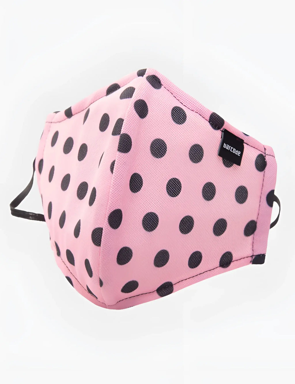 Pink polka-dot fabric face mask with black dots and adjustable elastic ear loops by barcode berlin unisex one size