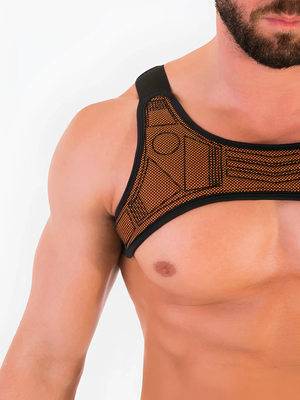 Barcode Berlin Mario harness sports bra in black and neon orange mesh with geometric pattern size L front view