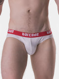 White barcode brand briefs with a red waistband featuring white lettering barcode berlin oschi brief underwear size m