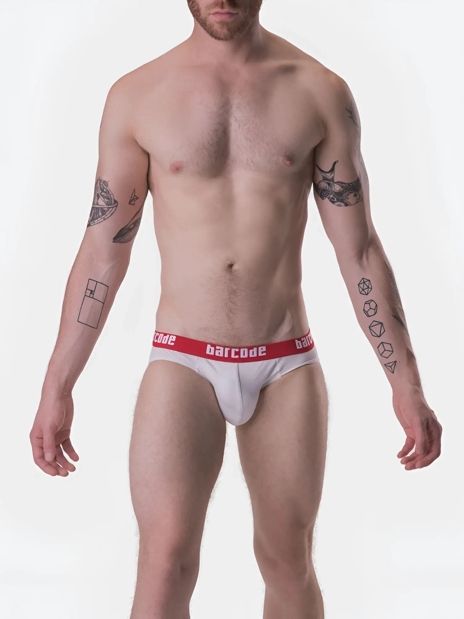 Barcode berlin oschi brief underwear white with red waistband and brand name in white lettering size m