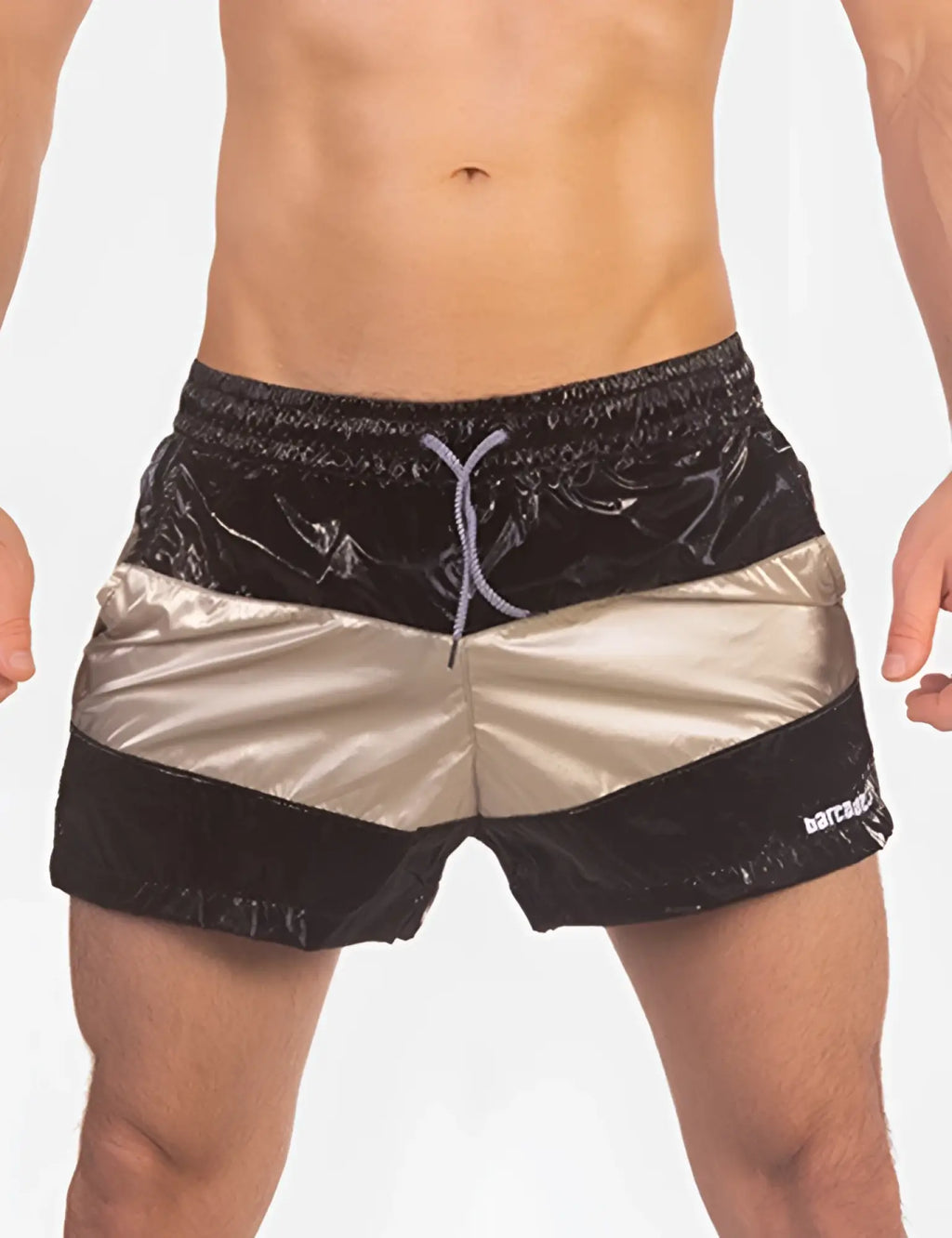 Barcode berlin patrick paneled shorts black gold swim trunks with metallic gold stripes and shiny reflective material size l