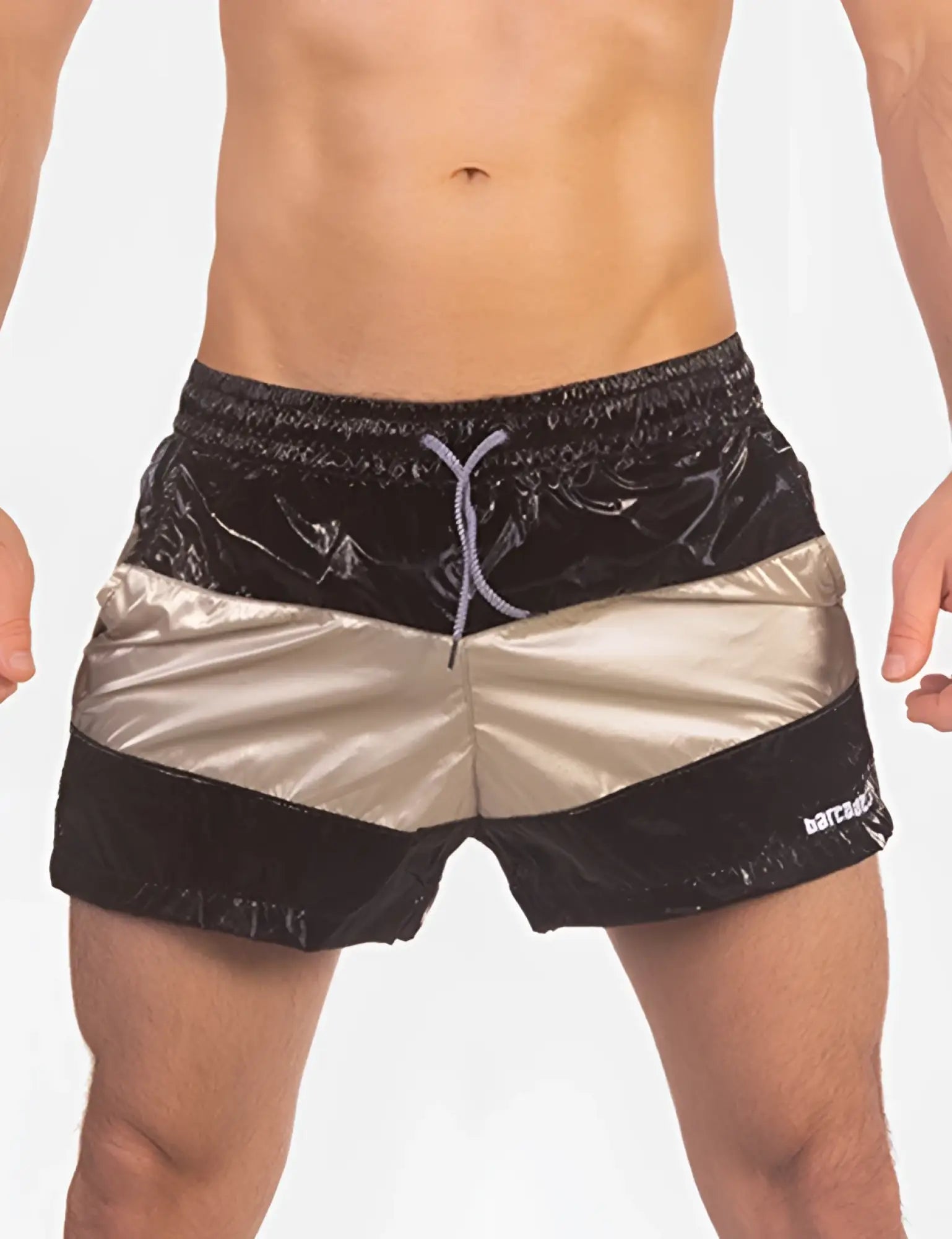 Barcode berlin patrick paneled shorts black gold swim trunks with metallic gold stripes and shiny reflective material size l