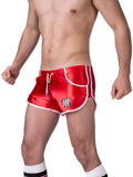 Red satin barcode berlin shiny dean athletic shorts with white trim and black and white shield logo size xl