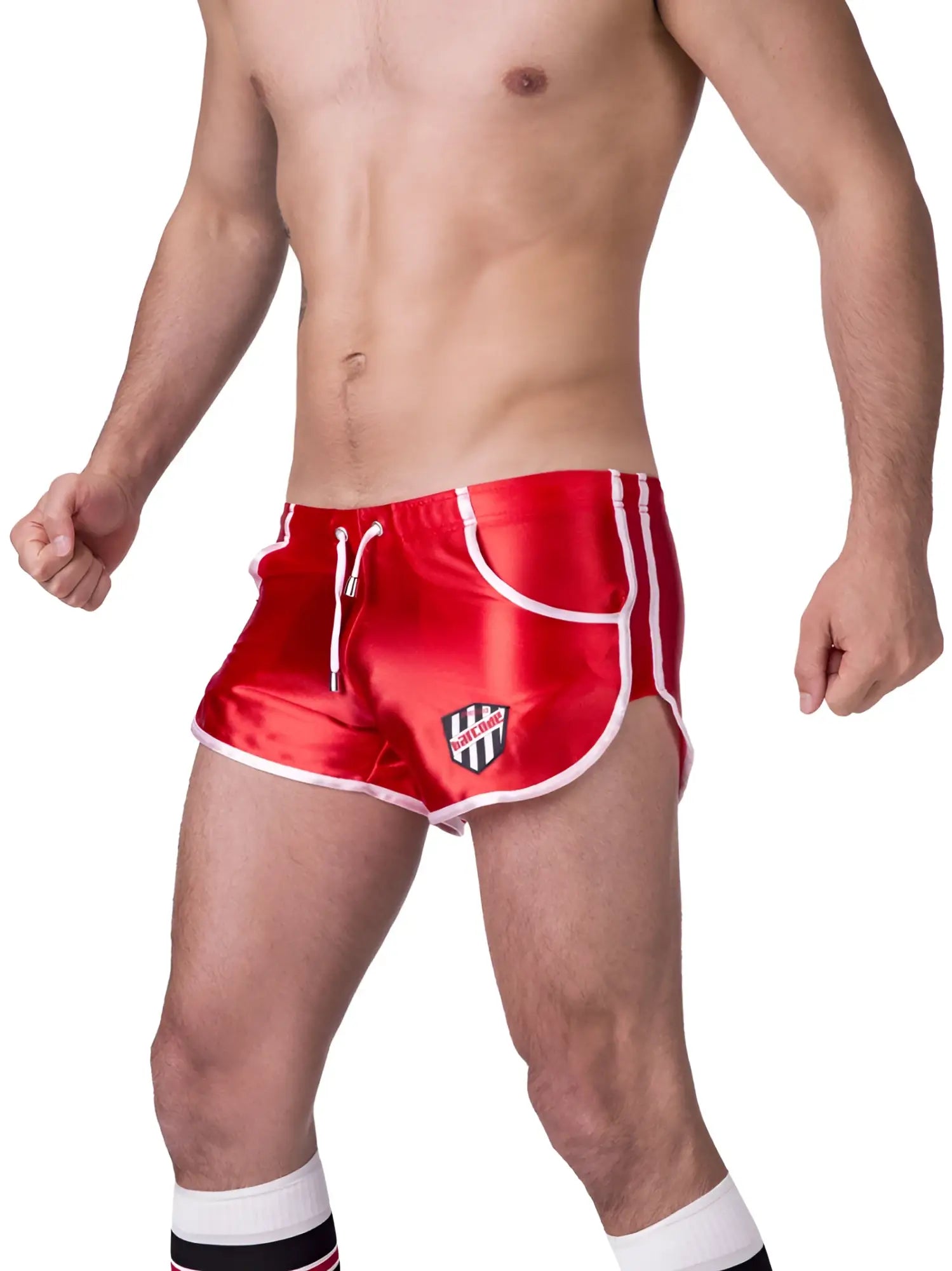 Red satin barcode berlin shiny dean athletic shorts with white trim and black and white shield logo size xl