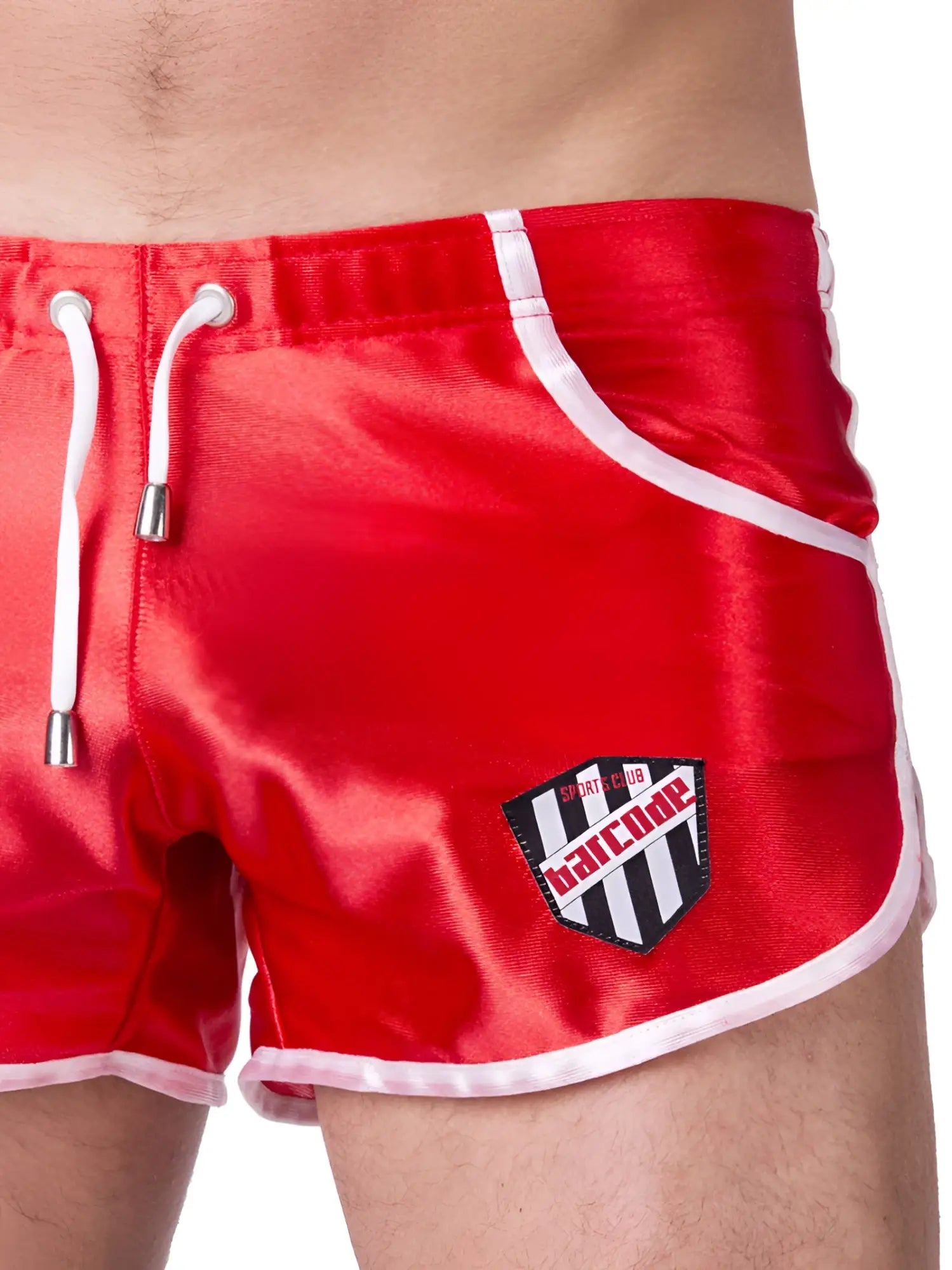 Red satin swim trunks with white drawstrings and trim featuring a black and white striped barcode logo patch size xl