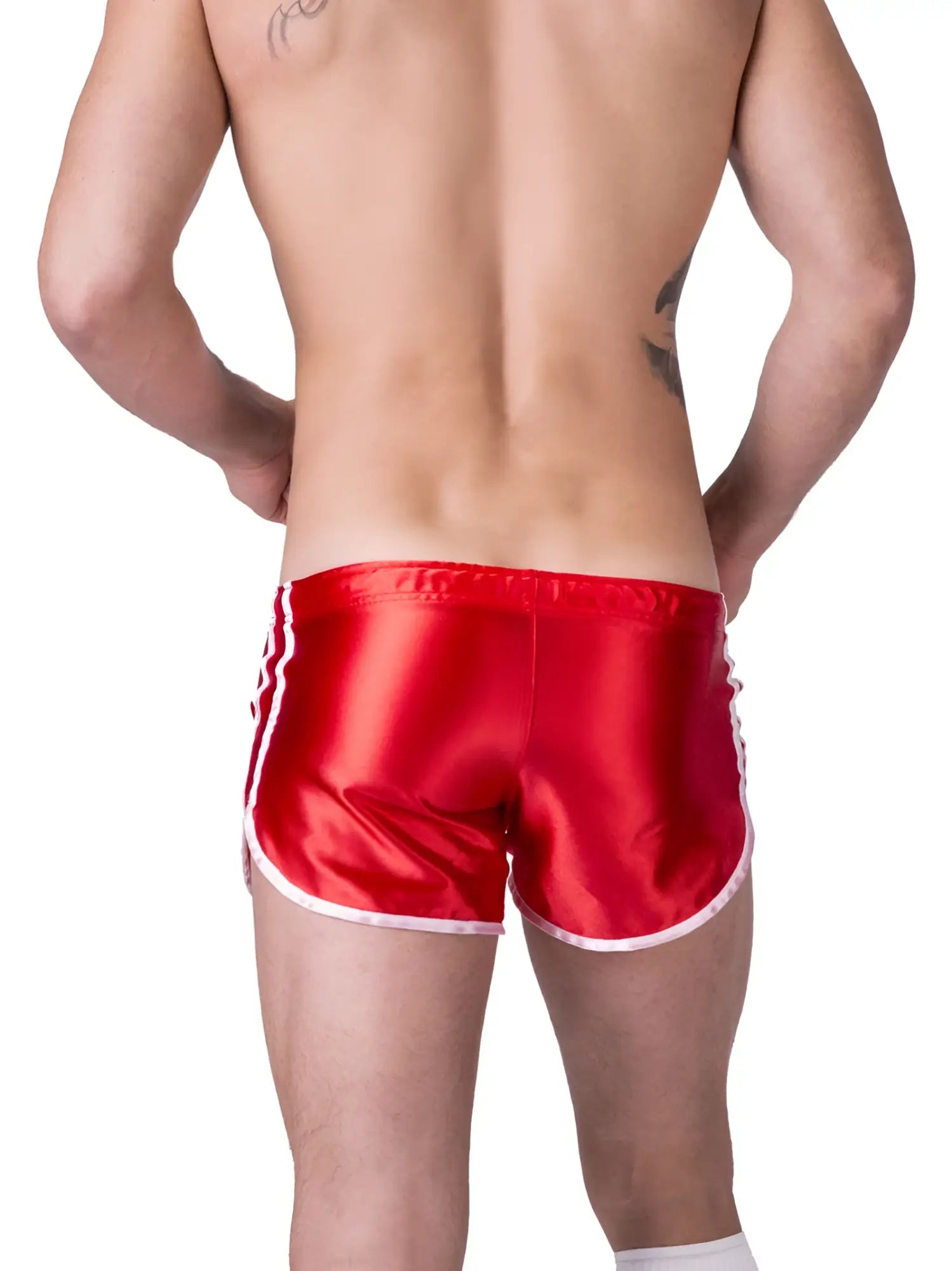 Red satin Barcode Berlin shiny Dean shorts in red with white trim and side stripes size XL