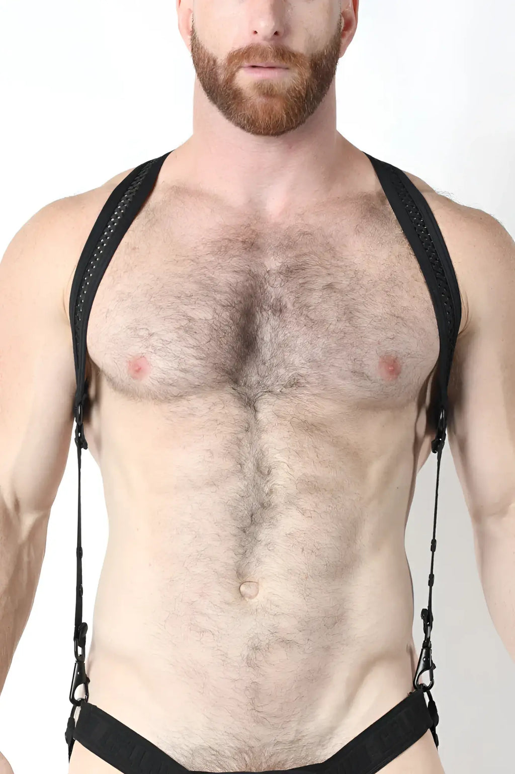 Bare mesh 2.0 mesh harness black mesh and leather suspenders with adjustable straps shown from the back side