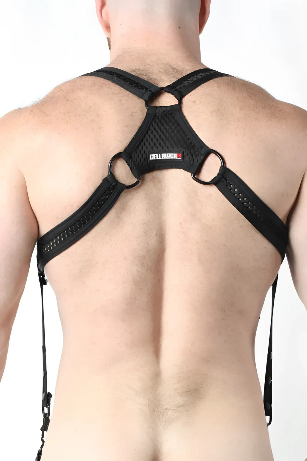 Black mesh and strap harness with metal rings branded cellbioch on central panel from bare mesh 2.0 collection
