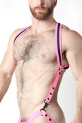 Bright pink leather bare mesh 2.0 mesh harness with black trim and adjustable straps visible from the back side