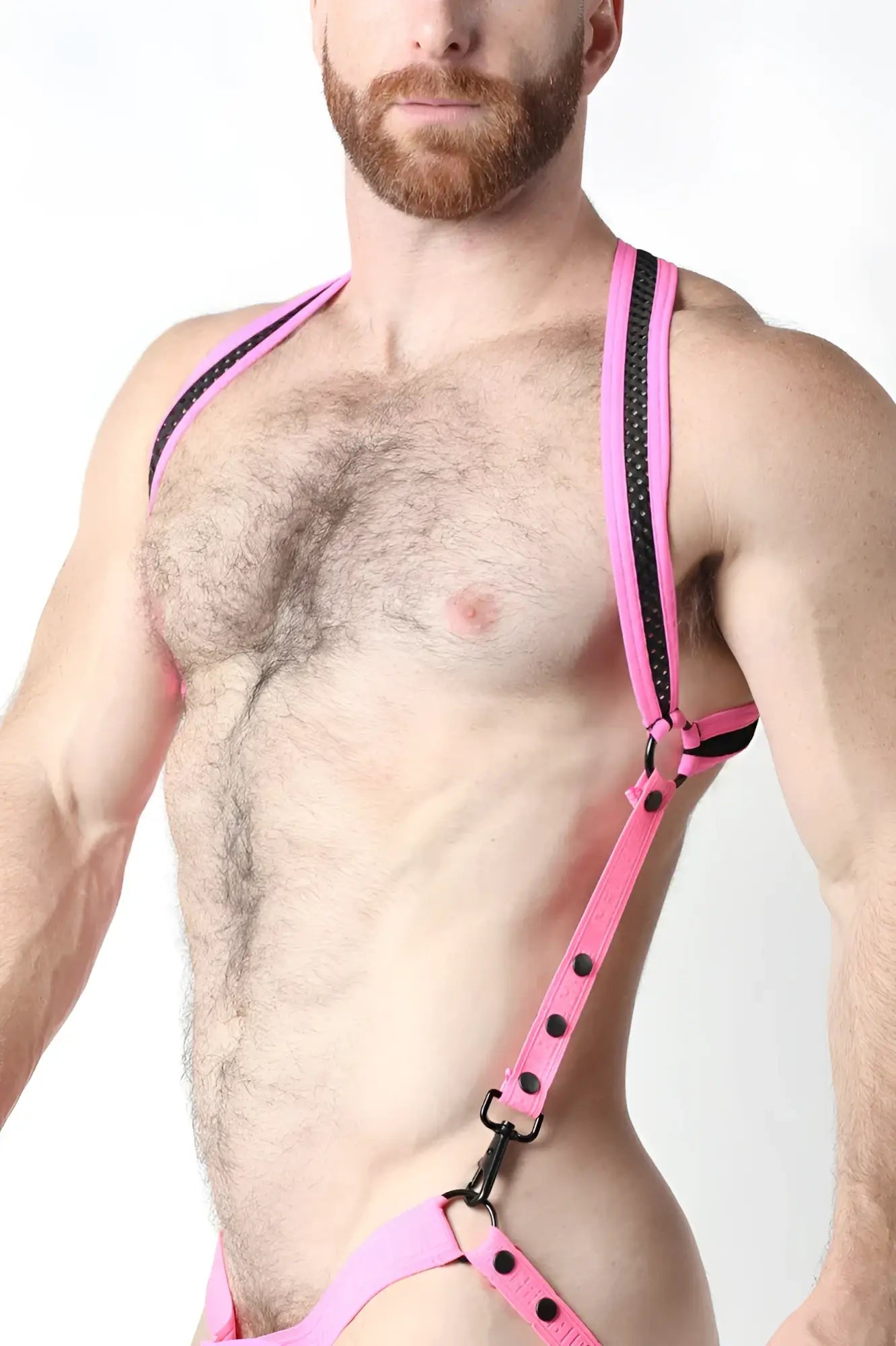 Bright pink leather bare mesh 2.0 mesh harness with black trim and adjustable straps visible from the back side